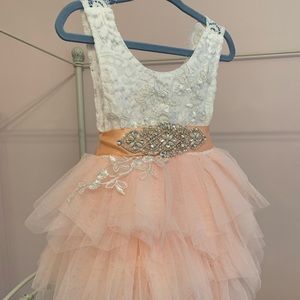 Flower girl dress 3T, white lace with peach tulle